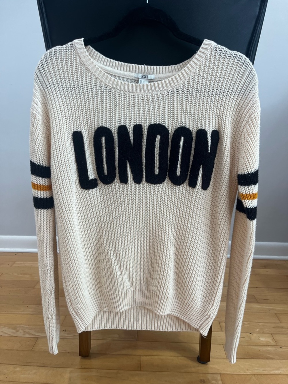 Forever 21 Cream Knit 'LONDON' Crewneck Sweater with Black & Gold Accents